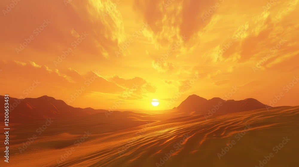 golden sunset on a desert horizon, with the sun sinking behind the dunes, casting long shadows and creating a dramatic, fiery sky golden sunset on a desert horizon, with the sun sinking behind the dunes, casting long shadows and creating a dramatic, fiery sky
