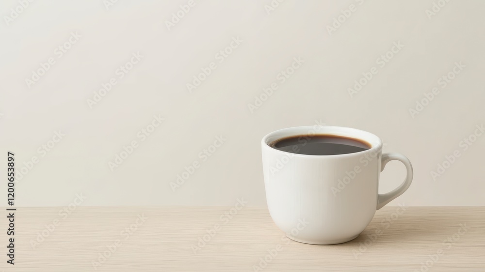 Obraz premium Freshly Brewed Black Coffee in a Simple White Cup on Wooden Table
