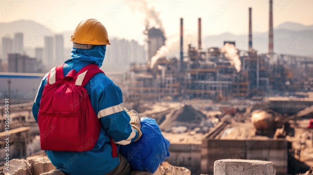 A construction worker sits on a ledge, gazing at an industrial complex with smoke rising A construction worker sits on a ledge, gazing at an industrial complex with smoke rising