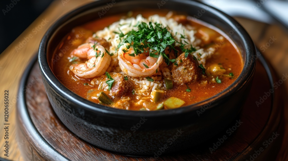 hearty bowl of seafood gumbo, filled with shrimp, sausage, and okra in a rich, flavorful broth, served with rice hearty bowl of seafood gumbo, filled with shrimp, sausage, and okra in a rich, flavorful broth, served with rice