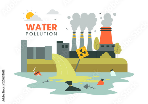 Water Pollution Vector Illustration Depicting an Environmental Disaster Caused by Industrial Production with a Factory Emitting Smoke Through Chimneys