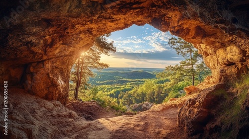 hidden cave on the edge of a remote cliff, with a breathtaking view of the surrounding landscape, providing shelter