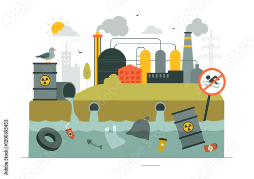 Water Pollution Vector Illustration Depicting an Environmental Disaster Caused by Industrial Production with a Factory Emitting Smoke Through Chimneys