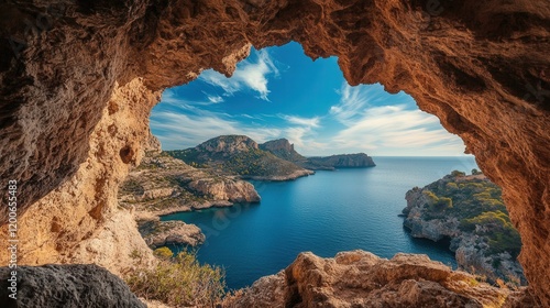 hidden cave on the edge of a remote cliff, with a breathtaking view of the surrounding landscape, providing shelter