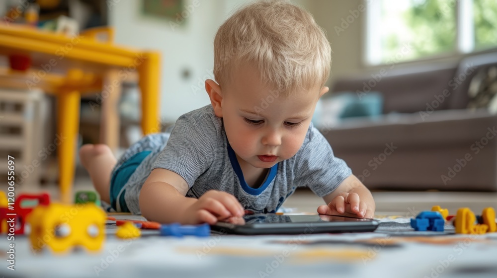 Young boy focuses on a tablet while playing with various colorful toys on the floor Young boy focuses on a tablet while playing with various colorful toys on the floor