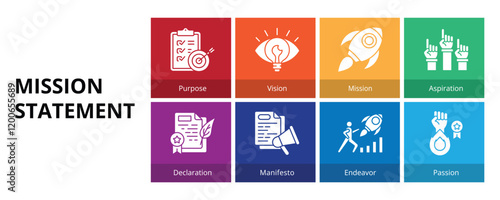 Mission Statement Glyph Solid Banner Web Icon Set Vector Illustration, Purpose Vision Mission Aspiration Declaration Manifesto Endeavor Passion 