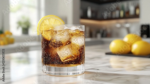 highball glass filled with whiskey, soda, and ice, garnished with a slice of lemon, sitting on a marble countertop in a chic bar photo