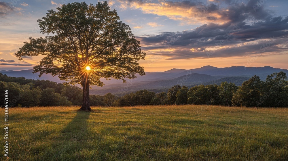 Fototapeta premium Sunset silhouettes a lone tree in a vast meadow, mountains in the background. Perfect for nature, peace, tranquility, and travel themes.
