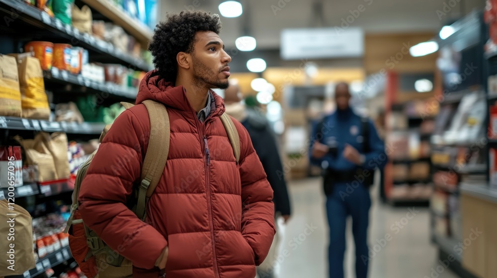 A young man looks contemplative while shopping in a grocery store aisle, surrounded by products A young man looks contemplative while shopping in a grocery store aisle, surrounded by products
