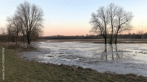 Wallpaper Mural Flooded wetlands at sunset; calm water, bare trees. Use Nature photography Torontodigital.ca