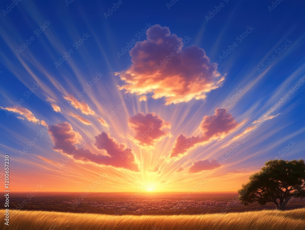 Obraz premium Sunset Over the Vast Savannah Cityscape - Urban landscape with Dusk Setting on Golden Grasslands and City Skyline in the Distance