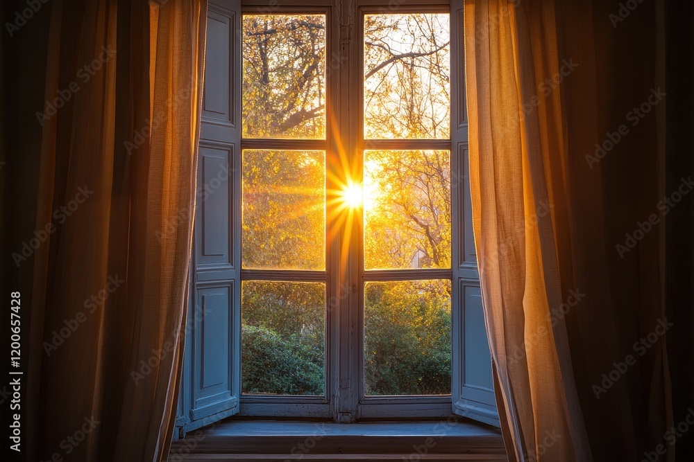 Fototapeta premium Sunrise through parted curtains, illuminating a window. Perfect for themes of hope, new beginnings, and tranquility.