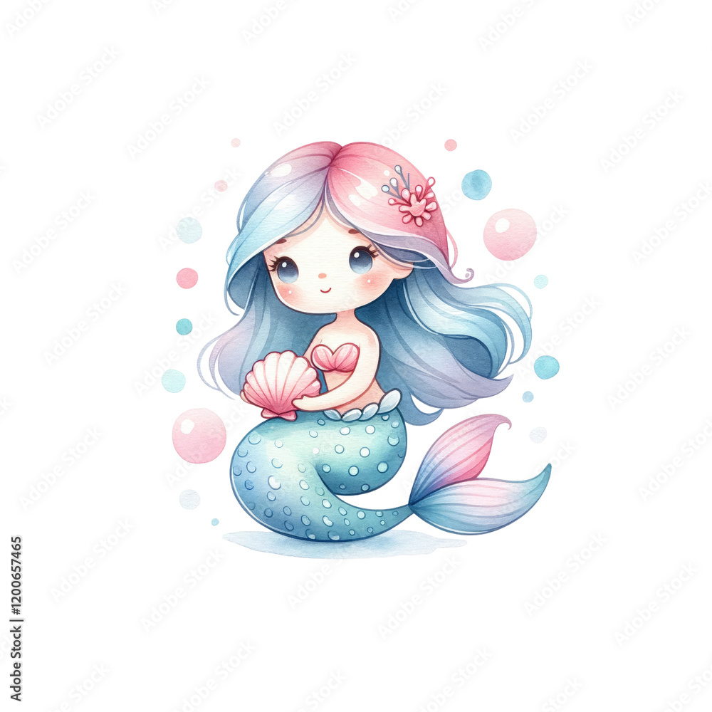 A cute, whimsical mermaid with flowing hair sits gracefully, holding a shell, surrounded by colorful bubbles. A cute, whimsical mermaid with flowing hair sits gracefully, holding a shell, surrounded by colorful bubbles.