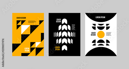 Abstract, modern, geometric white, black and yellow backgrounds influenced by Swiss style for posters, covers, prints, banners, layouts, seamless patterns