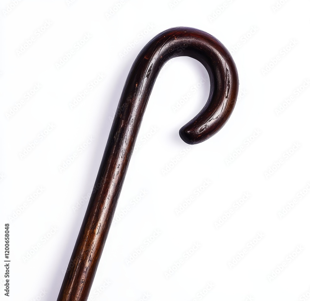 Close-up of a dark brown wooden shepherd's crook handle. Close-up of a dark brown wooden shepherd's crook handle.