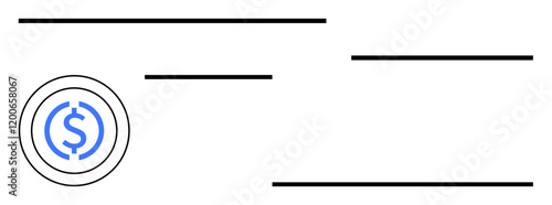 Dollar sign inside a circle with scattered horizontal lines. Ideal for finance, banking, payment systems, currency exchange, budgeting, economic concepts, abstract line flat metaphor