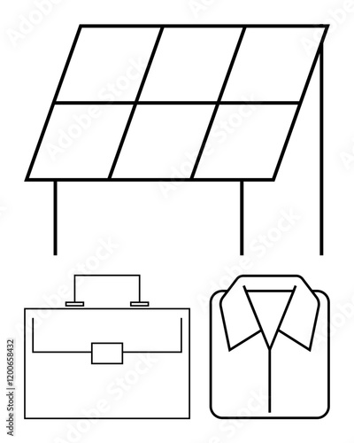 Large solar panel stands tall beside it, a formal briefcase and shirt symbolize business and professionalism. Ideal for sustainable energy, work ethics, industry growth, minimalism, eco-friendly