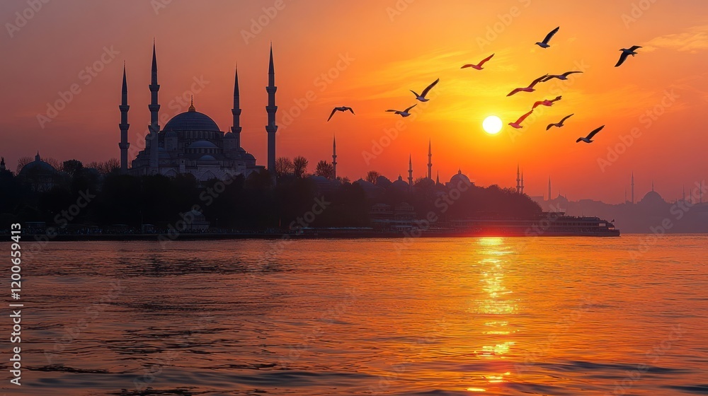 Fototapeta premium Sunset Mosque Istanbul Silhouette Birdscape Travel