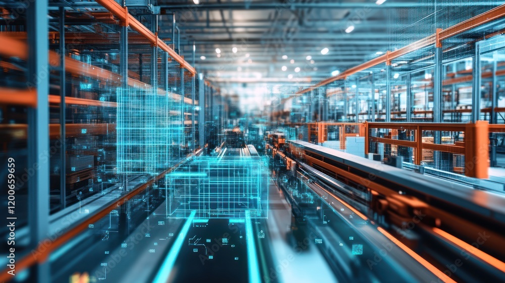 Fototapeta premium Smart Factory: Automated Warehouse System with Digital Overlay