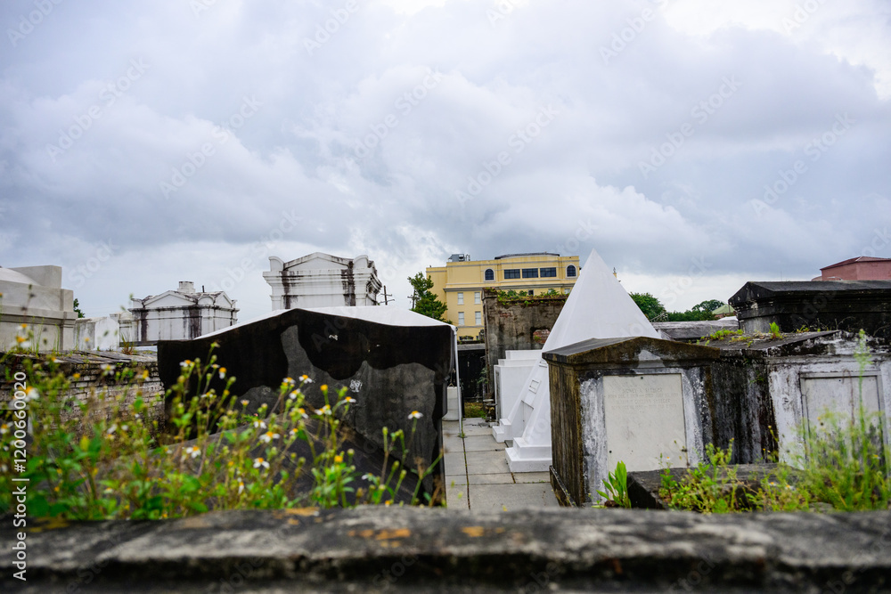 Fototapeta premium graveyard full of old tombstone crypts and tombs in new orleans