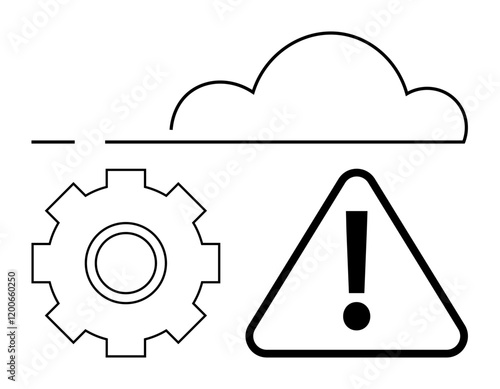 Gear, exclamation mark in triangle, and cloud interaction. Ideal for tech issues, system errors, IT maintenance, cybersecurity, cloud computing, data processing and abstract line flat metaphor