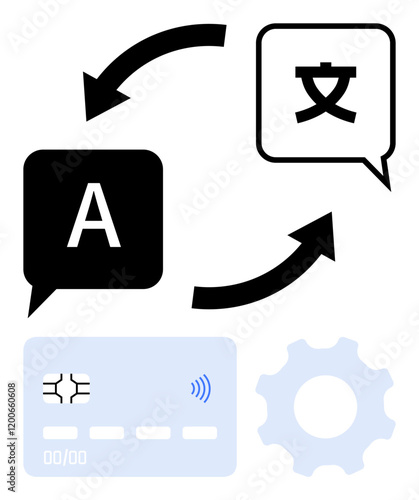 Speech bubbles with A and a translation character connected by arrows, credit card icon, and gear cog. Ideal for global communication, payments, e-commerce, language apps, fintech, automation