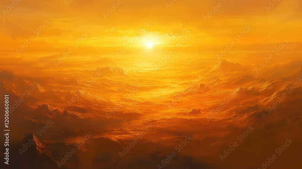 Fototapeta premium panoramic view of a golden sunset over a vast desert landscape, with the sun dipping below the horizon and casting dramatic shadows across the sand dunes