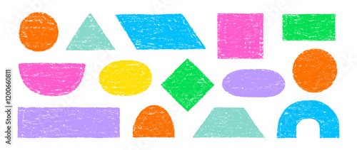 Color pencil texture figure set. Hand drawn sketch doodle crayon texture brush kid geometric shape circle, triangle, square pastel background. Childish crayon pencil figure vector illustration