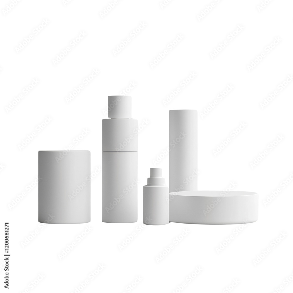 A collection of blank white cosmetic containers and cylinders are displayed against a plain white backdrop for product presentation.