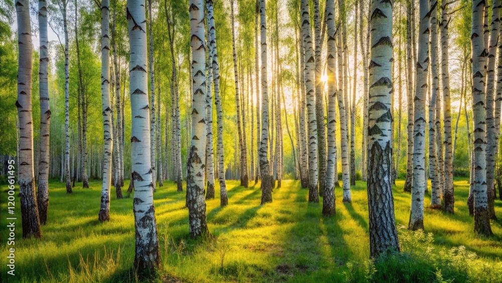 Obraz premium Low Light Photography of a Tranquil Birch Grove with Wild Vegetation in a Rural Setting