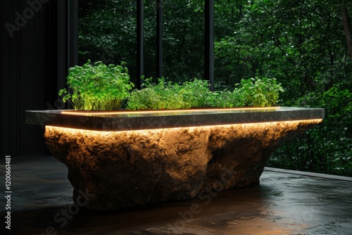 Illuminated stone planter with herbs in modern interior photo