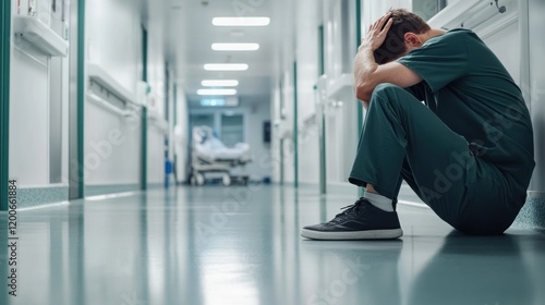 A healthcare worker expresses distress in a dimly lit hospital corridor after a demanding shift