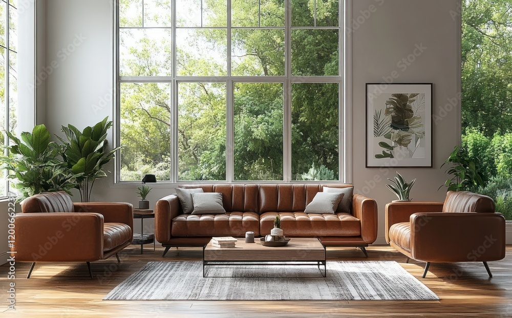 Obraz premium Modern Vintage Living Room with Brown Leather Sofas and Large Windows Offering Natural Light and Views