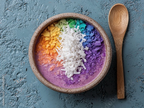 Rainbow smoothie bowl with coconut flakes and colorful granola photo