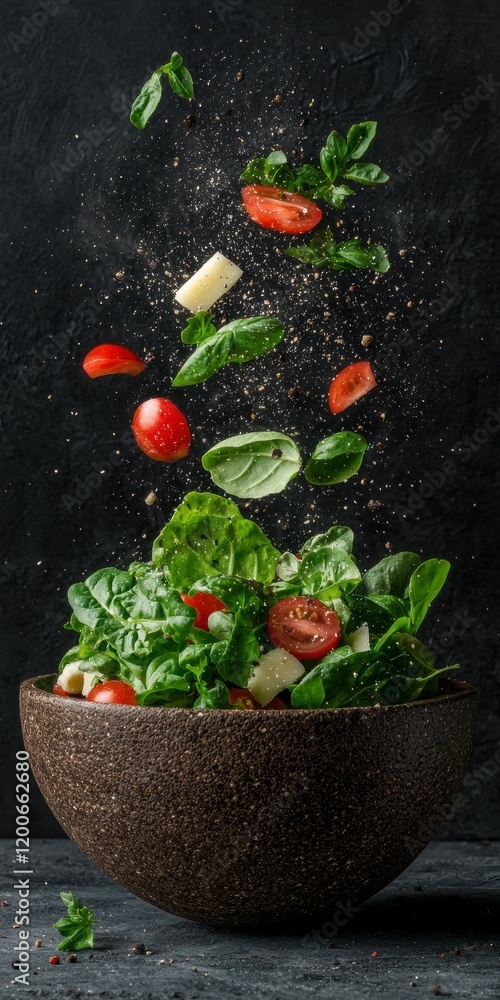 Fresh green salad with tomatoes and cheese in a rustic bowl Fresh green salad with tomatoes and cheese in a rustic bowl