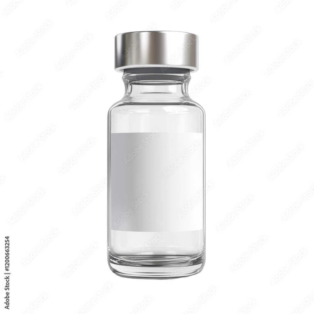 The image shows a clear glass vial with a silver cap and a blank white label, suitable for pharmaceutical product mockups. The image shows a clear glass vial with a silver cap and a blank white label, suitable for pharmaceutical product mockups.