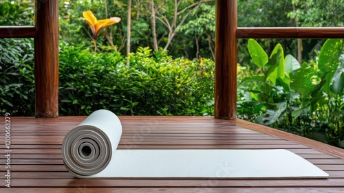 digital fitness workouts. A serene outdoor yoga session with a smart mat and app syncing performance feedback on poses and posture accuracy, fitness technology, yoga and performance insights photo