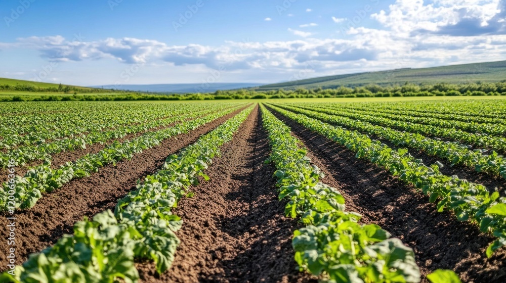 Rows of healthy potato plants thrive in a fertile field with a scenic landscape in the distance Rows of healthy potato plants thrive in a fertile field with a scenic landscape in the distance