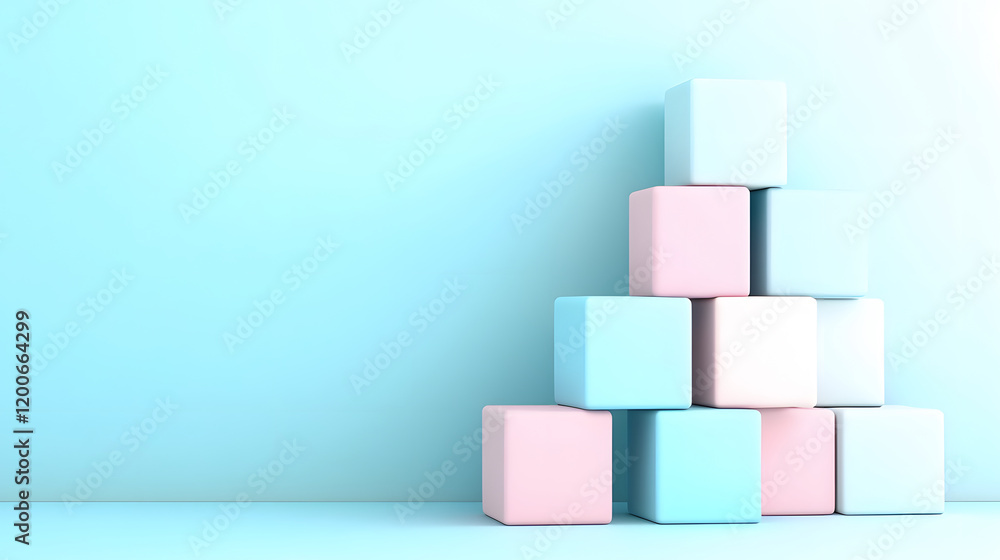 Colorful pastel blocks stacked against a soft blue background Colorful pastel blocks stacked against a soft blue background