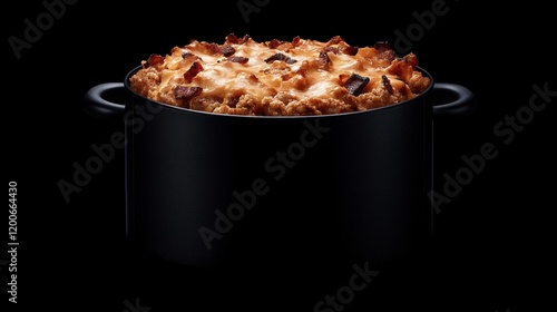 Delicious cheesy bacon casserole in a black pot photo