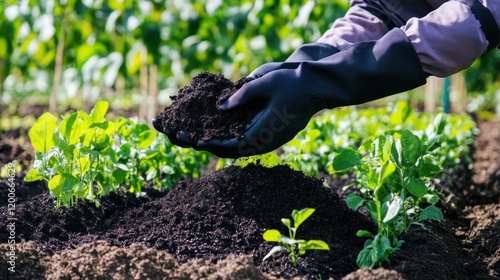 A gardener enriches the soil by adding compost to support plant growth in a sunny garden photo