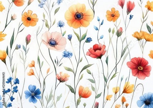 Wildflower Watercolor Floral Pattern with Colorful Flowers and Green Leaves on White Background for Textiles and Wallpaper