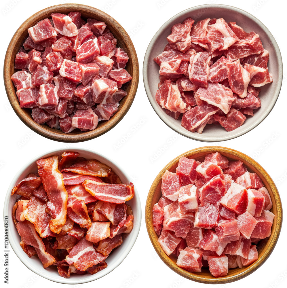 Top view from with diced raw beef and smoked bacon in bowl Top view from with diced raw beef and smoked bacon in bowl