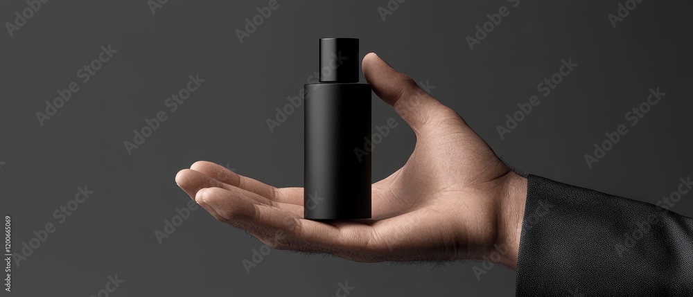 3D illustration of a man's hand holding a sleek, blank black perfume bottle, showcasing the minimalist design of the product, with a focus on elegance and luxury for an exquisite presentation 3D illustration of a man's hand holding a sleek, blank black perfume bottle, showcasing the minimalist design of the product, with a focus on elegance and luxury for an exquisite presentation