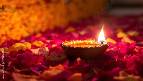 Lit Diya on Flower Petals Festive Diwali Image