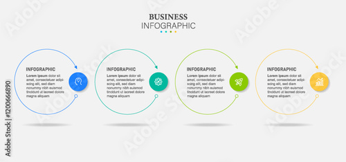 Concept of arrow business model with successive steps. 4 colorful circle elements. Timeline design for brochure, presentation. Infographic design layout