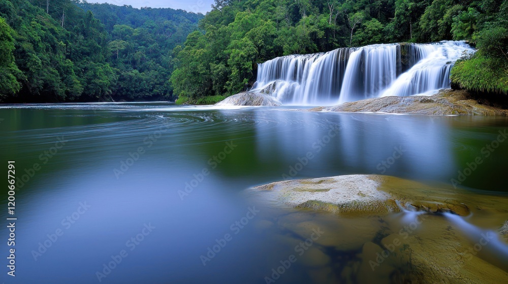 Naklejka premium Serene Waterfall in Lush Forest