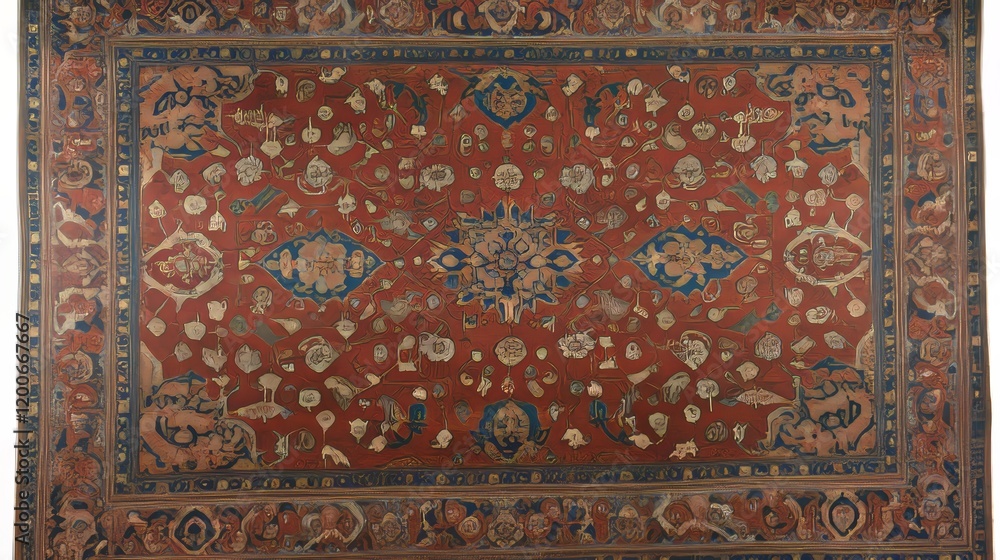 Antique Persian Rug, Intricate Floral Design, Red and Blue Hues Antique Persian Rug, Intricate Floral Design, Red and Blue Hues