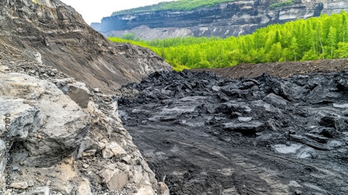 Barren rocky terrain extends into a rugged volcanic landscape with green foliage nearby photo