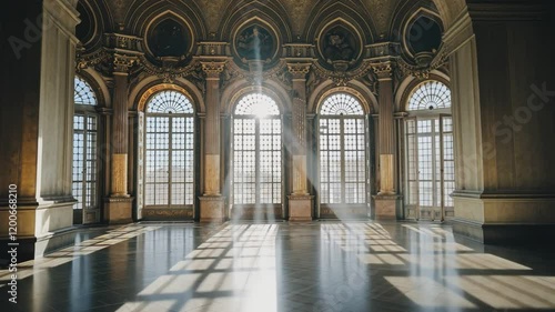 Sunlight Streaks Through Grand Hall: Light streams through a majestic arched window, illuminating the opulent interior of a grand hall, a perfect canvas for a celebration, a grand event.